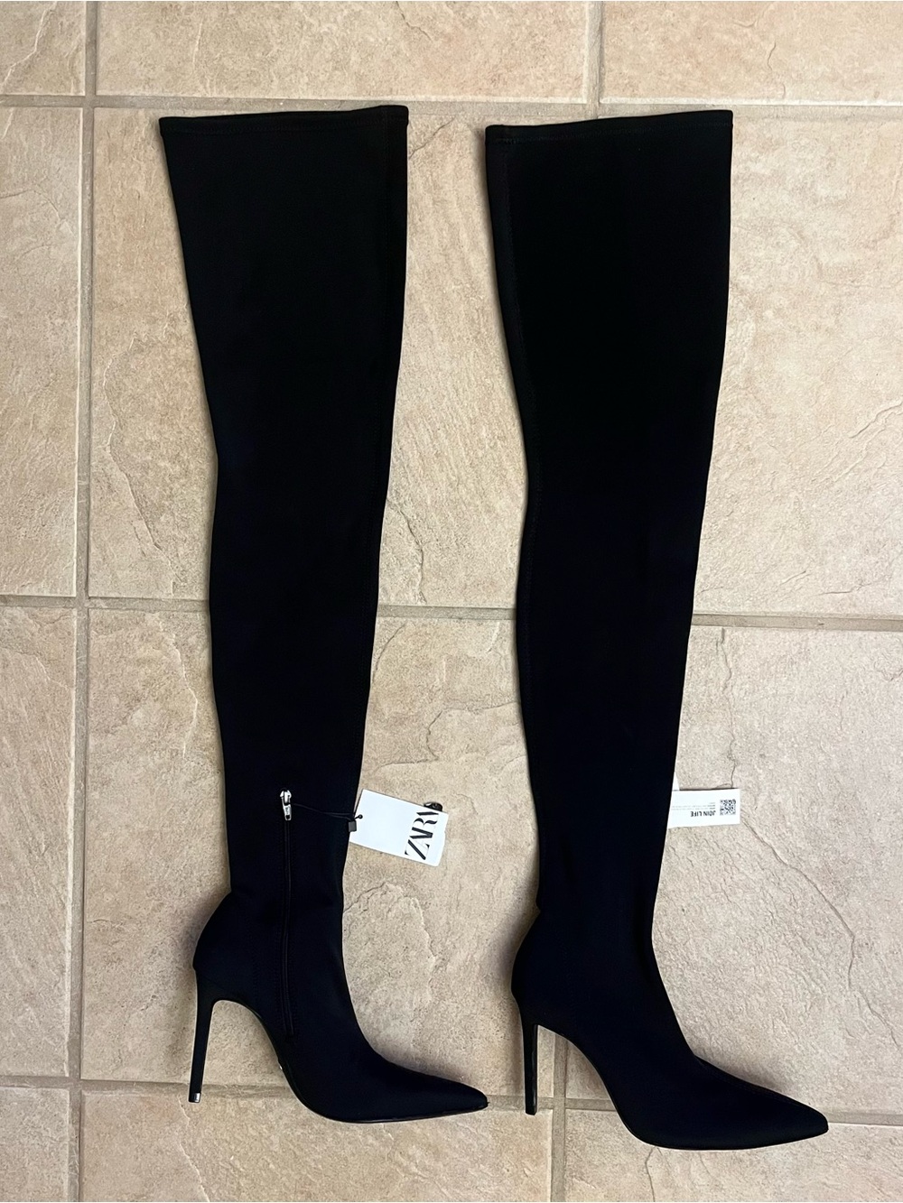 NWT Zara Black Thigh High Pointy Toe Stretch Stiletto Heel Boots - 7.5 / $129